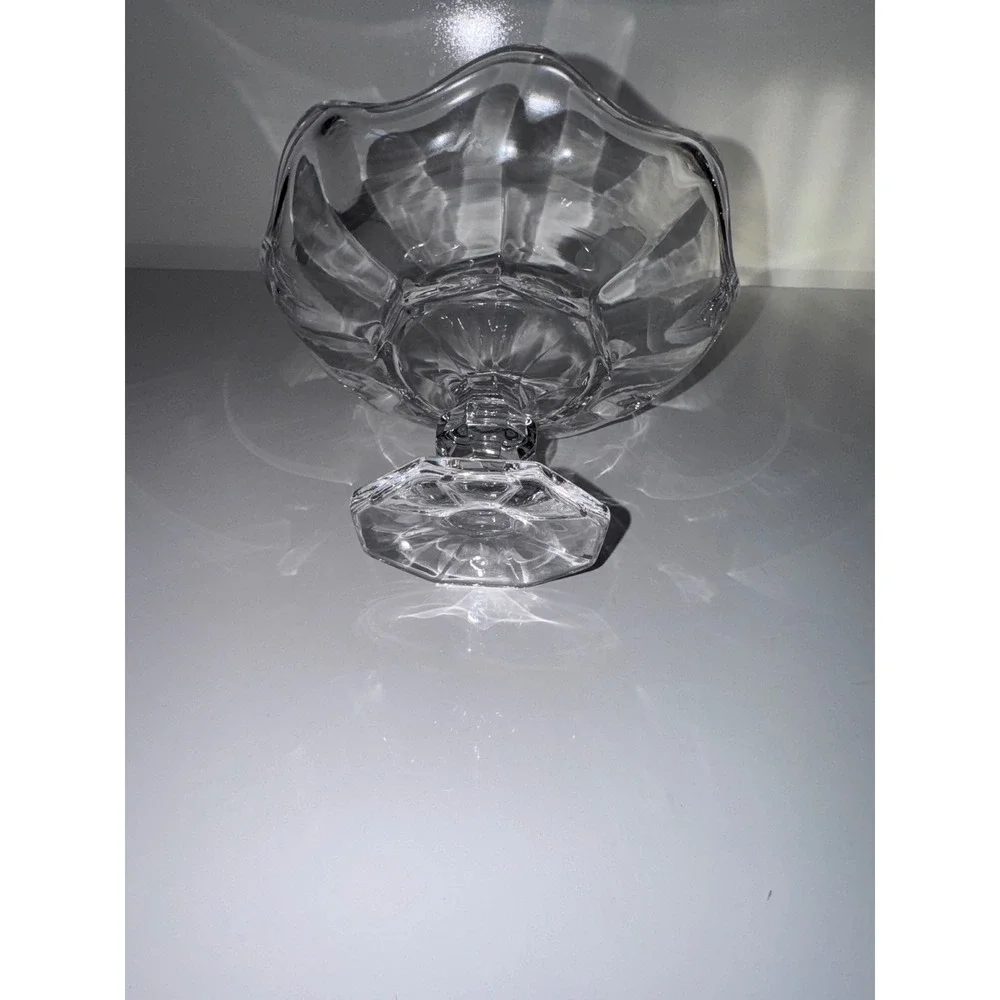 Vintage Clear Pressed Glass Pedestal Bowl Scalloped Ruffled Rim Compote Dish 6in